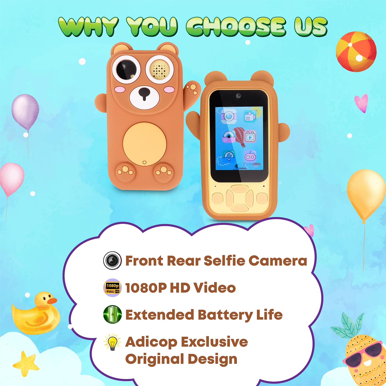 Children's pretend smartphone camera in a brown bear design, equipped with dual cameras and a colorful display for imaginative play. www.usmile.toys